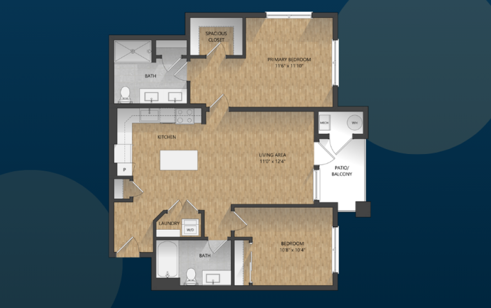 C4 - 2 bedroom floor plan layout with 2 bathrooms and 1098 square feet
