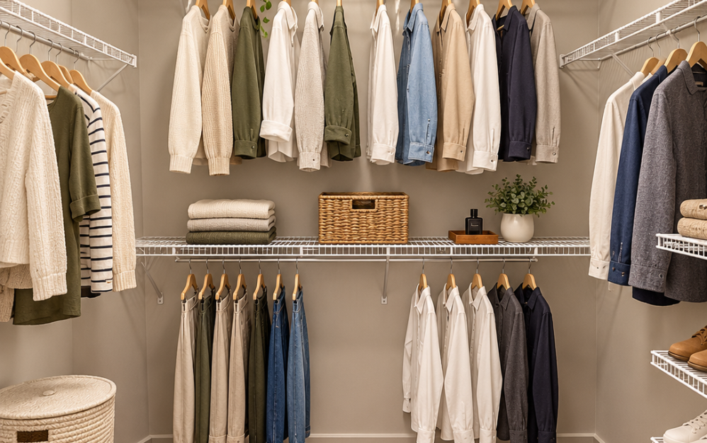 Spacious primary closet in the E2 floor plan with wood-style flooring, wire shelving, hanging storage, and organized clothing.