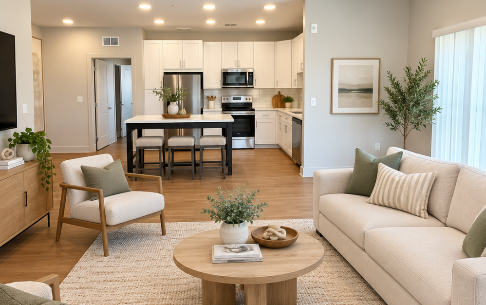 E2 Floor Plan Open-Concept Kitchen and Living Area
