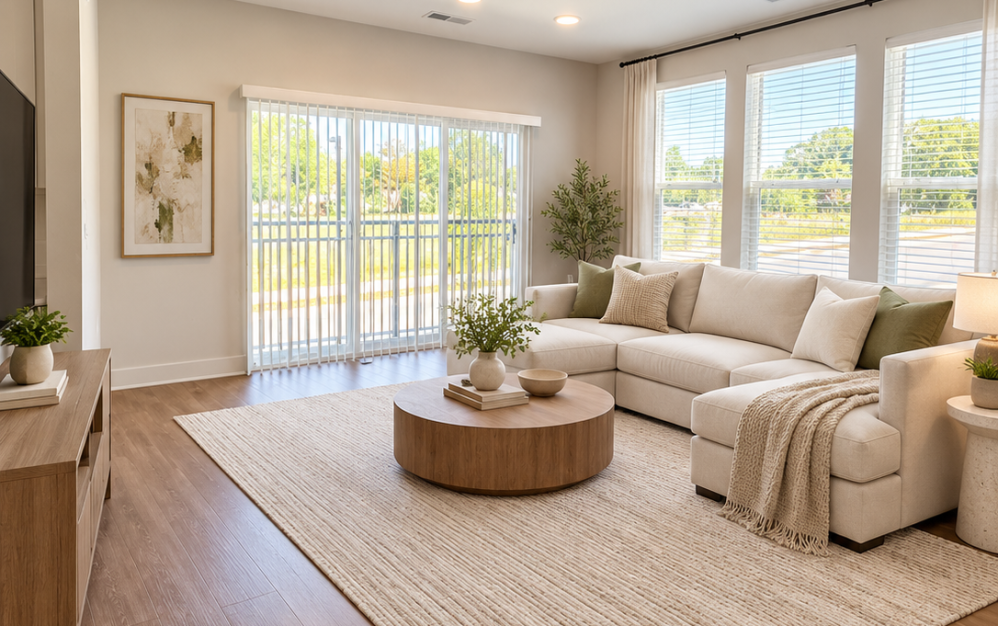 Bright living room in the E2 floor plan featuring large windows, a sliding glass door, wood-style flooring, and contemporary seating.