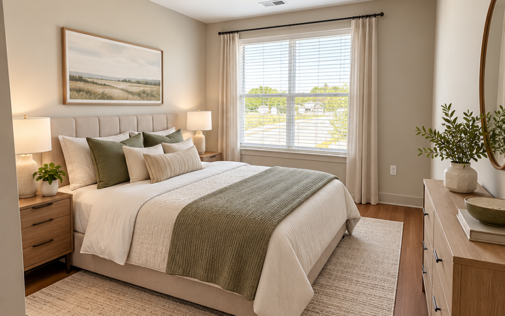 Primary bedroom in the E2 floor plan with a large window, wood-style flooring, queen-size bed, dresser, and neutral modern furnishings.