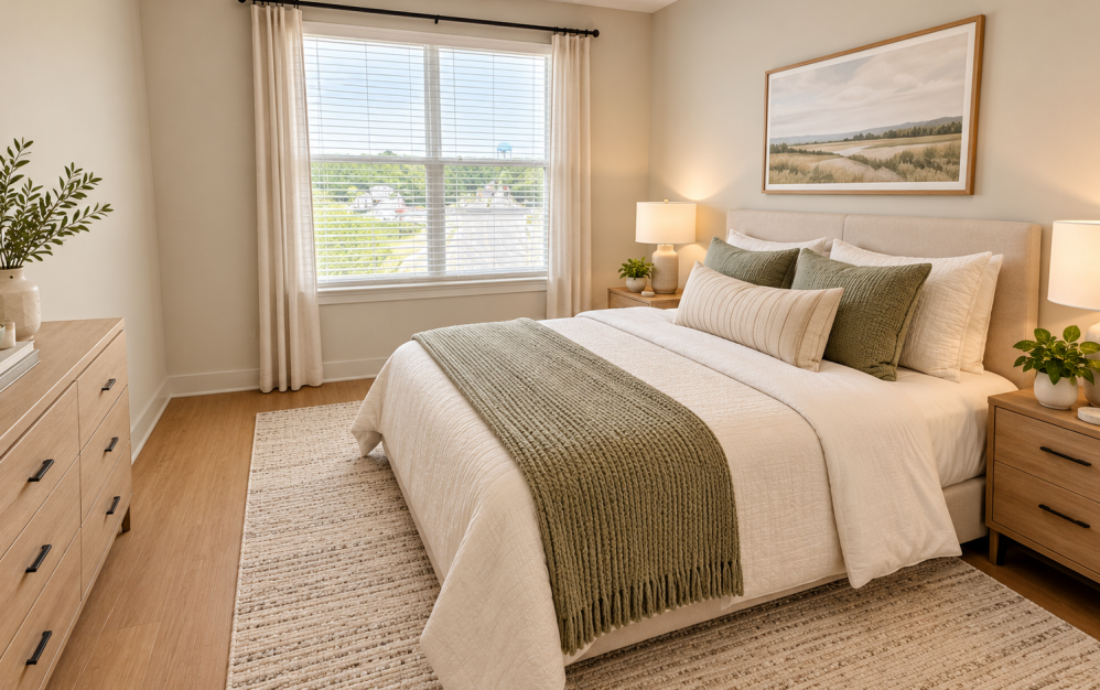 Bright bedroom in the A3.4 floor plan at Ironwood at Waldorf Station with large windows, wood-style flooring, and space for a king-size bed