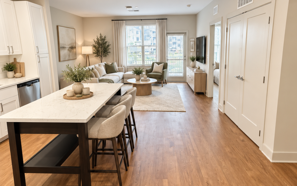 Staged A3.2 apartment at Ironwood at Waldorf Station featuring an open-concept kitchen and living area with wood-style flooring