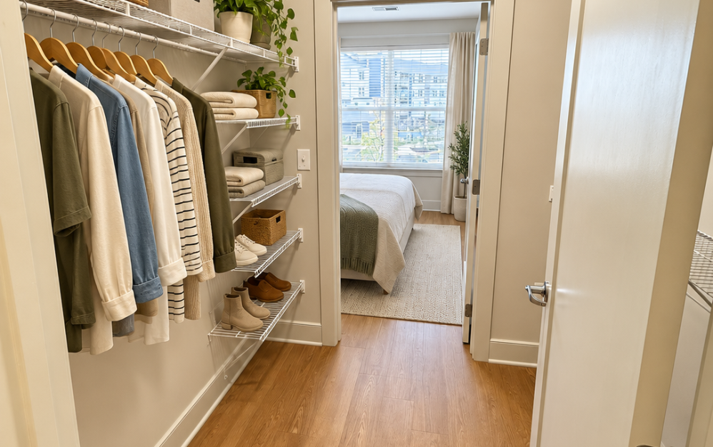 Organized bedroom closet in the A3.2 apartment at Ironwood at Waldorf Station with built-in shelving and storage