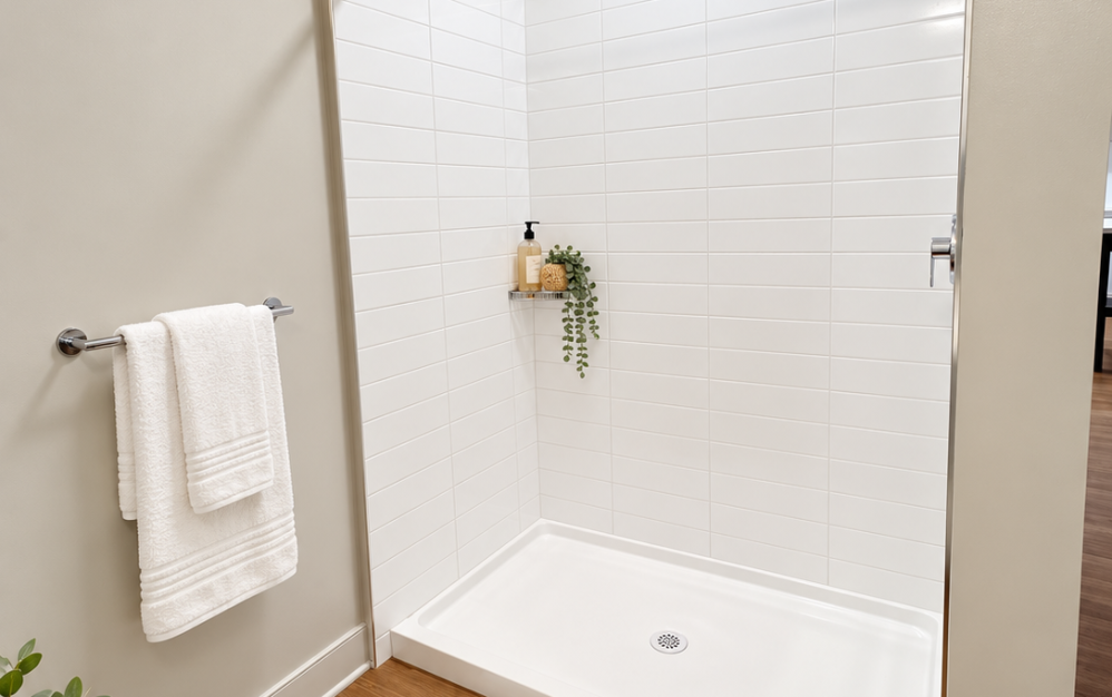 A3.2 apartment bathroom at Ironwood at Waldorf Station featuring a tiled walk-in shower with modern fixtures