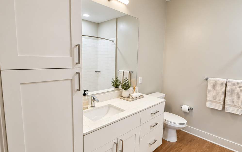 A3.2 bathroom at Ironwood at Waldorf Station with white cabinetry, quartz-style countertop and modern vanity