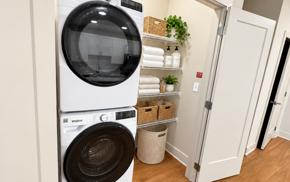 A3.2 apartment at Ironwood at Waldorf Station featuring a stacked washer and dryer with built-in storage shelving
