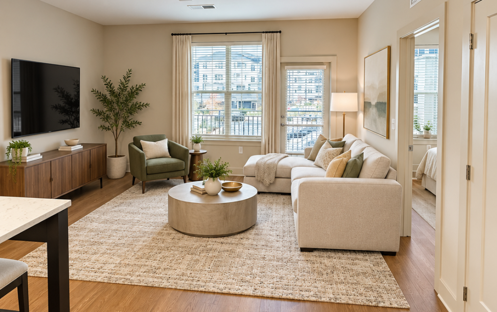 Staged A3.2 living room at Ironwood at Waldorf Station with neutral furnishings, natural light and wood-style flooring
