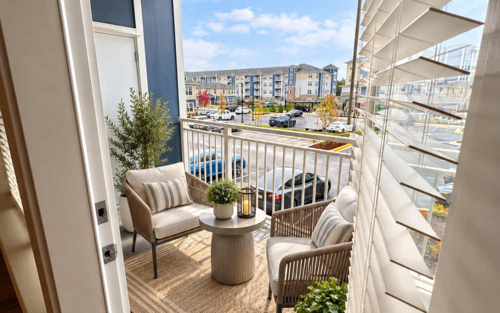 Private balcony in the A3.2 apartment at Ironwood at Waldorf Station with outdoor seating and community views