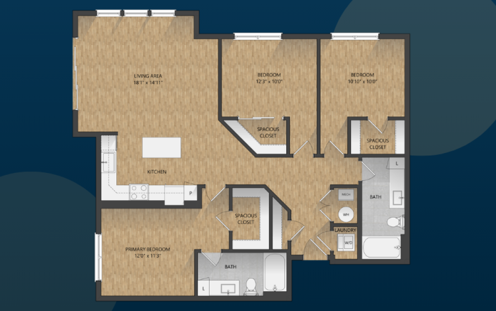 E2 - 3 bedroom floor plan layout with 2 bathrooms and 1375 square feet (Light Color Scheme )