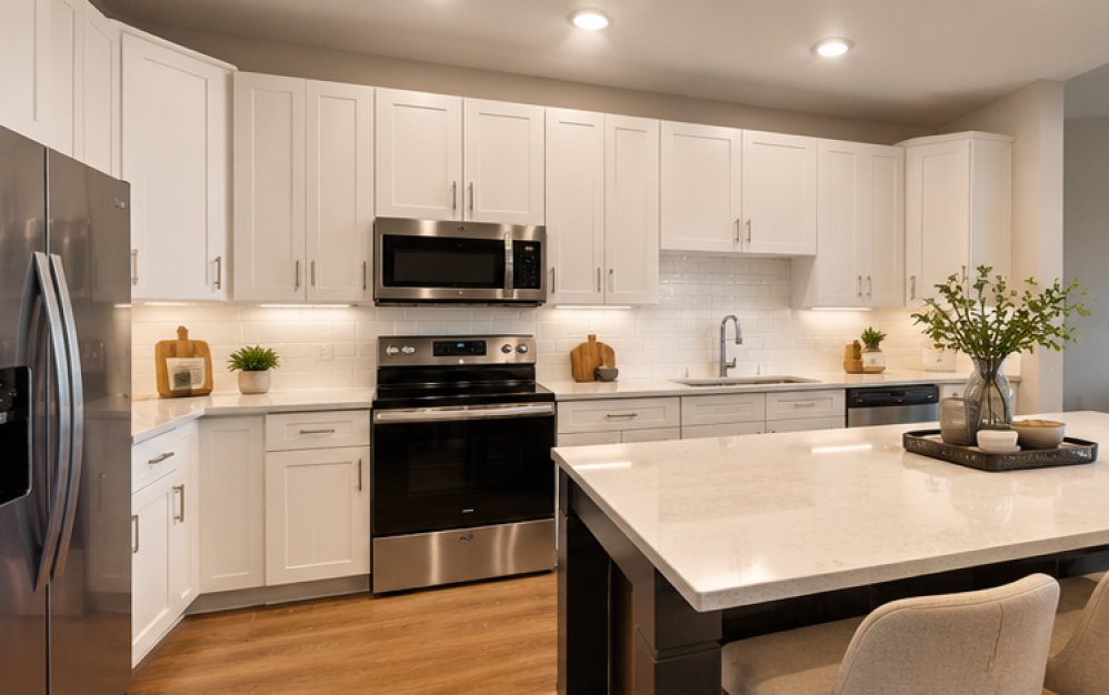 A3.4 apartment kitchen at Ironwood at Waldorf Station featuring white cabinetry, stainless steel appliances, quartz countertops, and a large center island