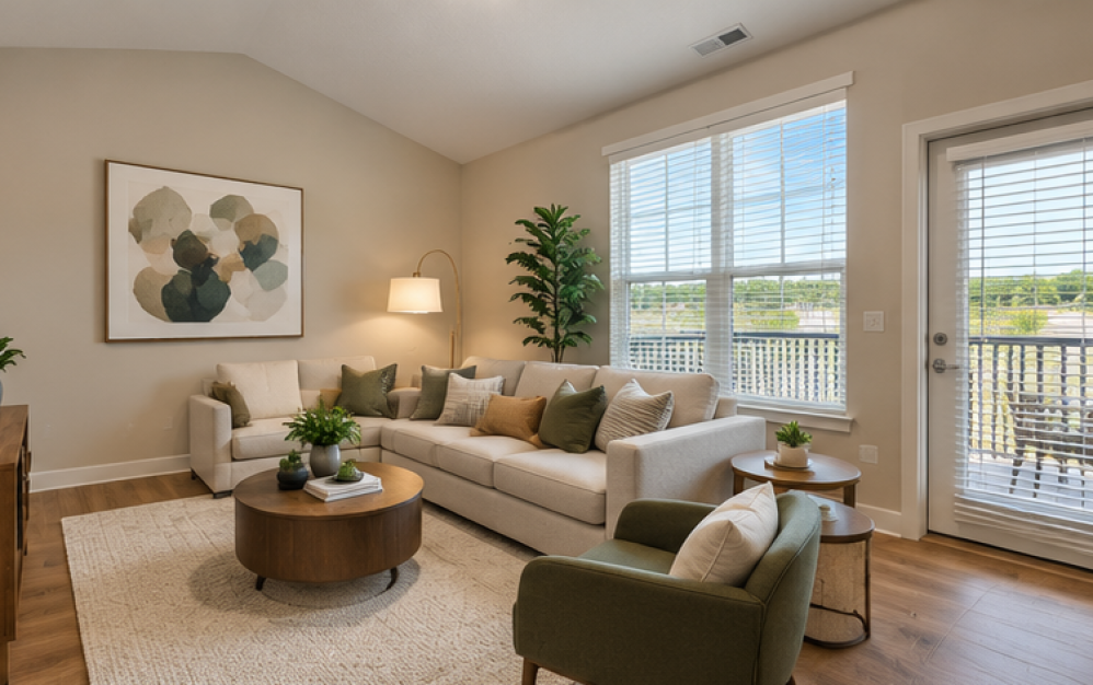 Spacious living room in the A3.4 floor plan at Ironwood at Waldorf Station featuring large windows, wood-style flooring, modern furnishings, and access to a private balcony.