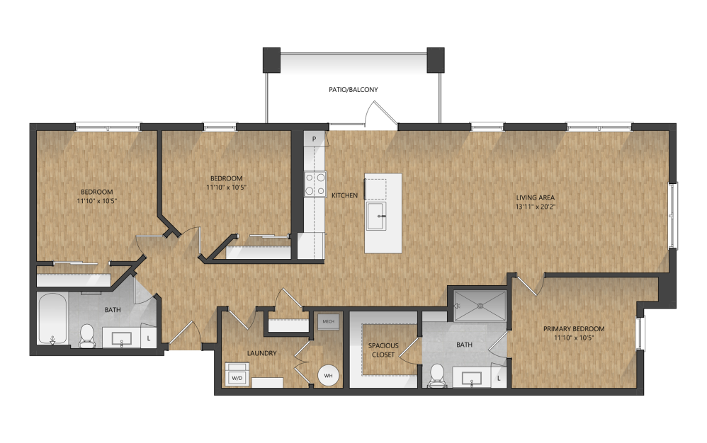 E3 - 3 bedroom floor plan layout with 2 bathrooms and 1526 square feet (Light Color Scheme )