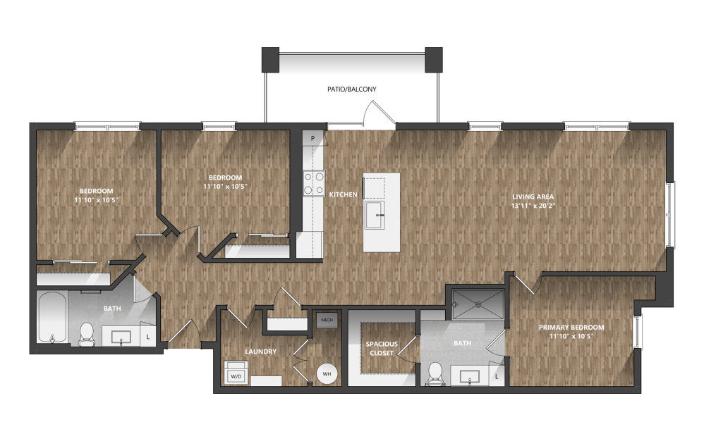 E3 - 3 bedroom floor plan layout with 2 bathrooms and 1526 square feet (Dark Color Scheme)