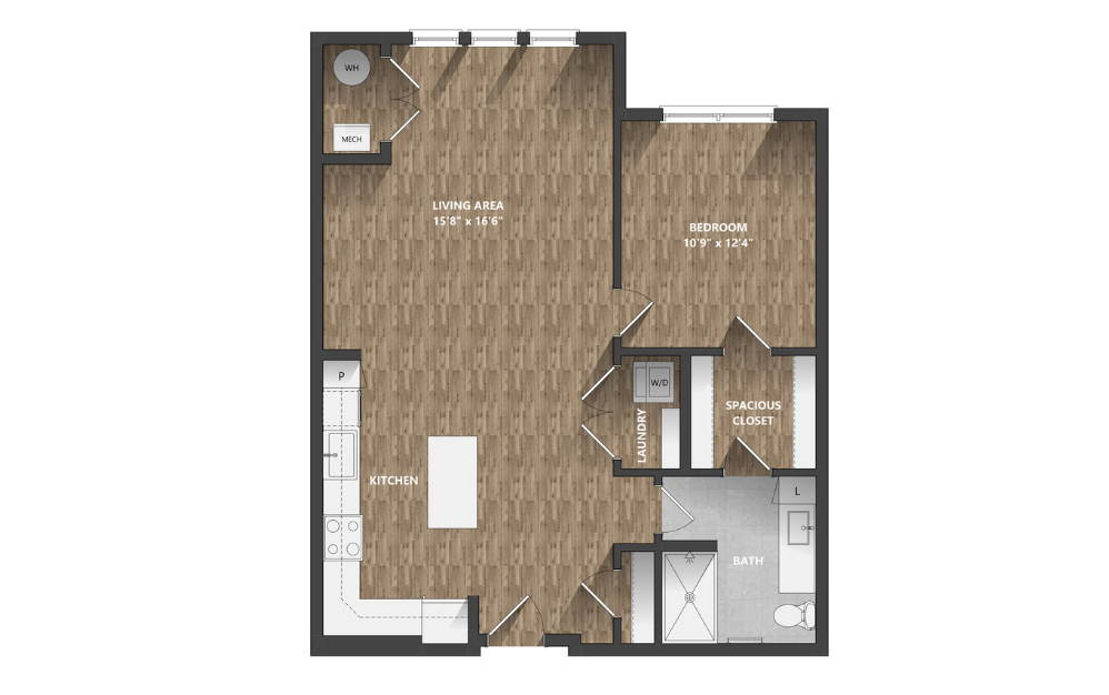 A4 - 1 bedroom floor plan layout with 1 bathroom and 872 square feet (Dark Color Scheme)