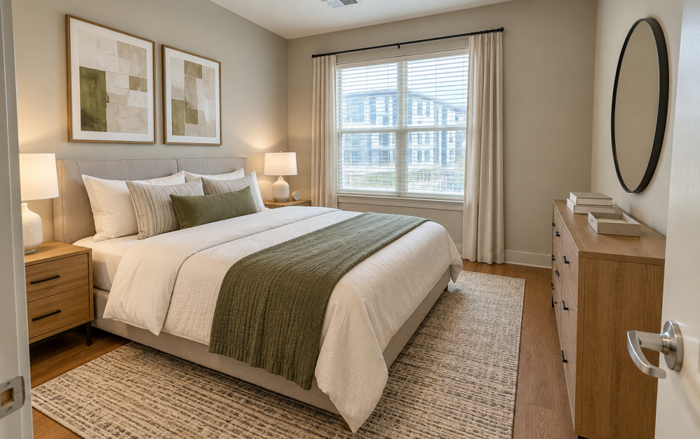 Staged A3.2 bedroom at Ironwood at Waldorf Station with neutral finishes, wood-style flooring and a large window